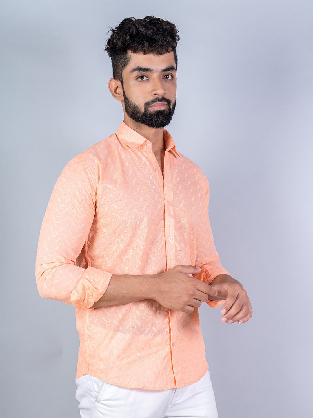

Tistabene Men Standard Spread Collar Abstract Printed Cotton Casual Shirt, Peach