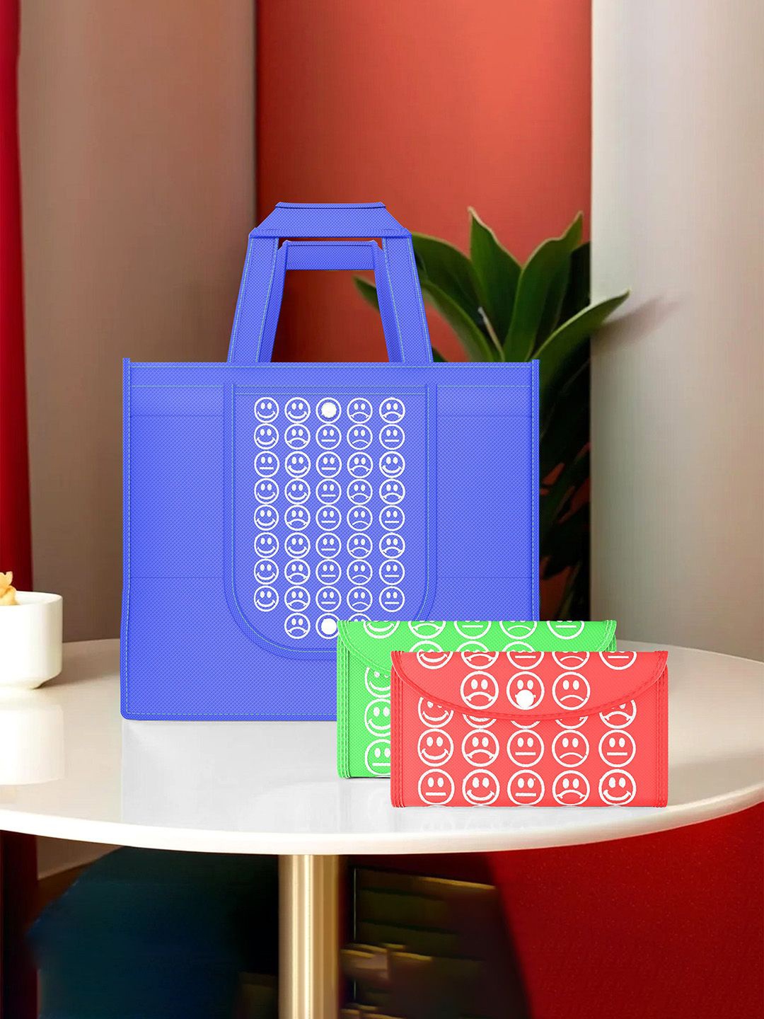 

Kuber Industries Set Of 3 Smiley Printed Lightweight Foldable & Reusable Shopping Bags, Blue