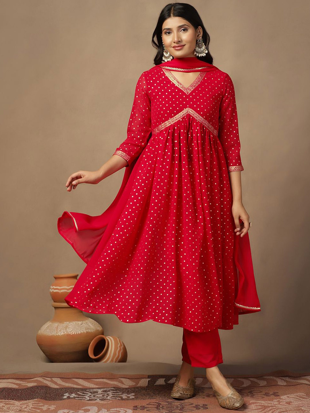 

BAESD Geometric Printed Empire Georgette Anarkali Kurta with Trousers & Dupatta, Red