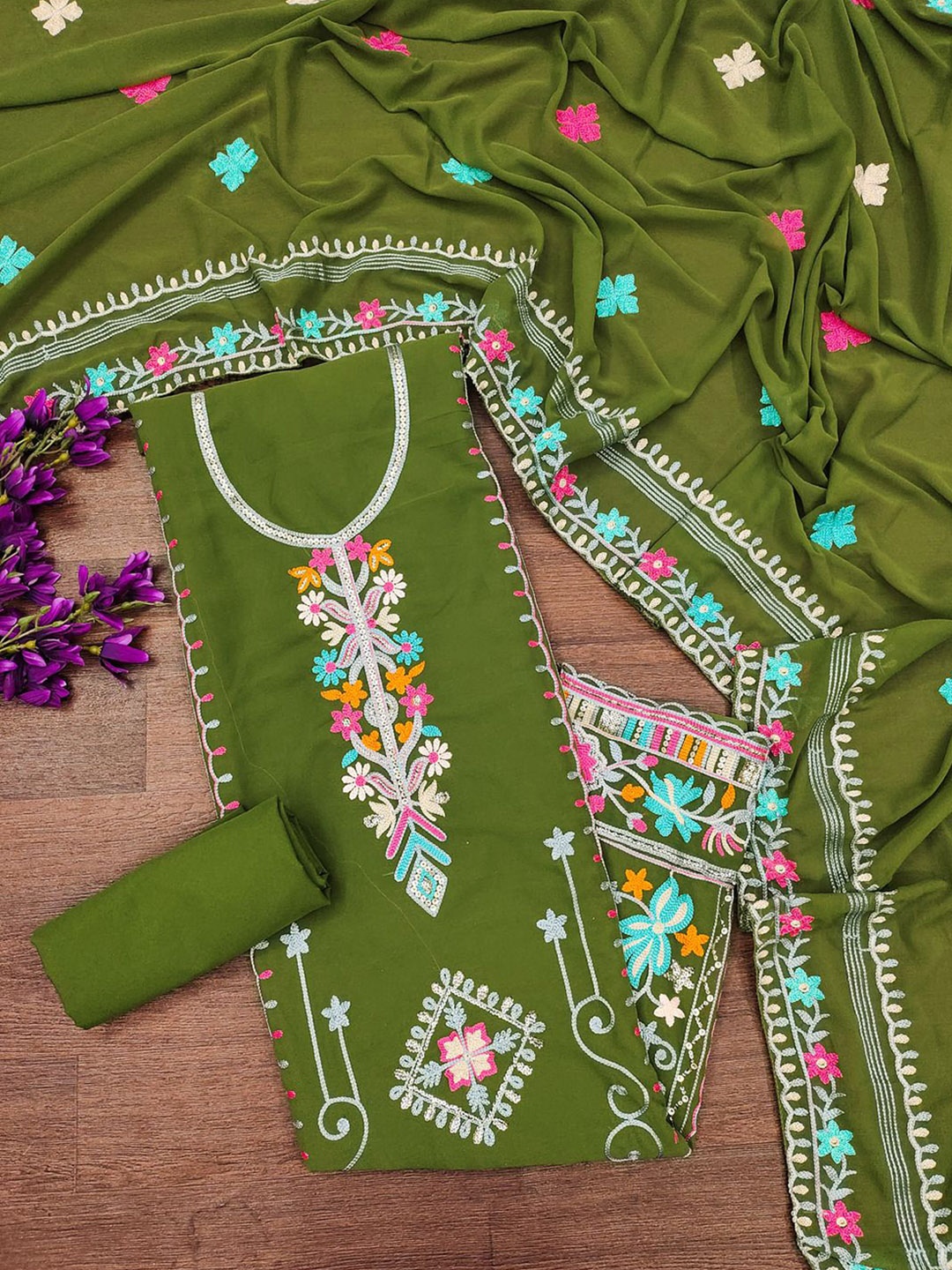 

APNISHA Floral Embroidered Silk Georgette Unstitched Dress Material, Olive