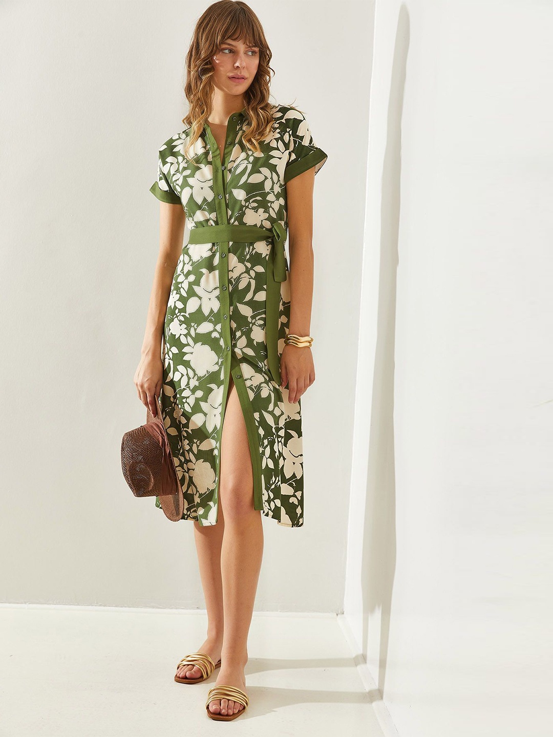 

BIANCO LUCCI Shirt Collar Floral Printed Shirt Dress, Green