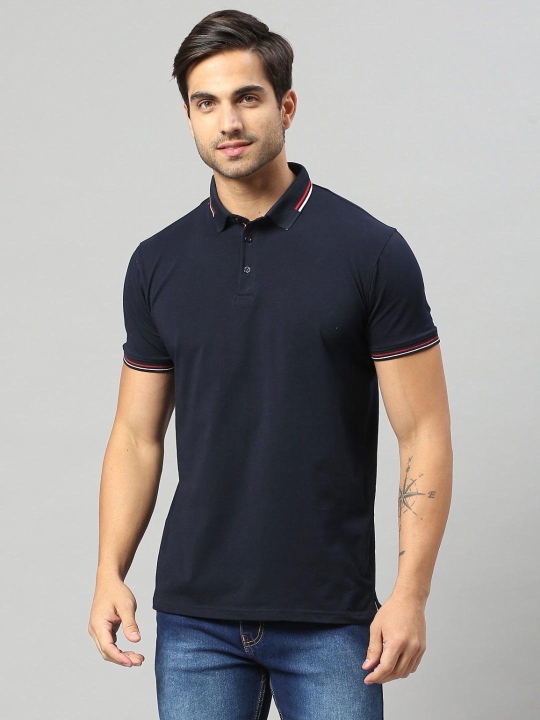 

Wear Your Opinion Men Premium 4 Way Stretch Lycra Polo Collar T-shirt, Navy blue