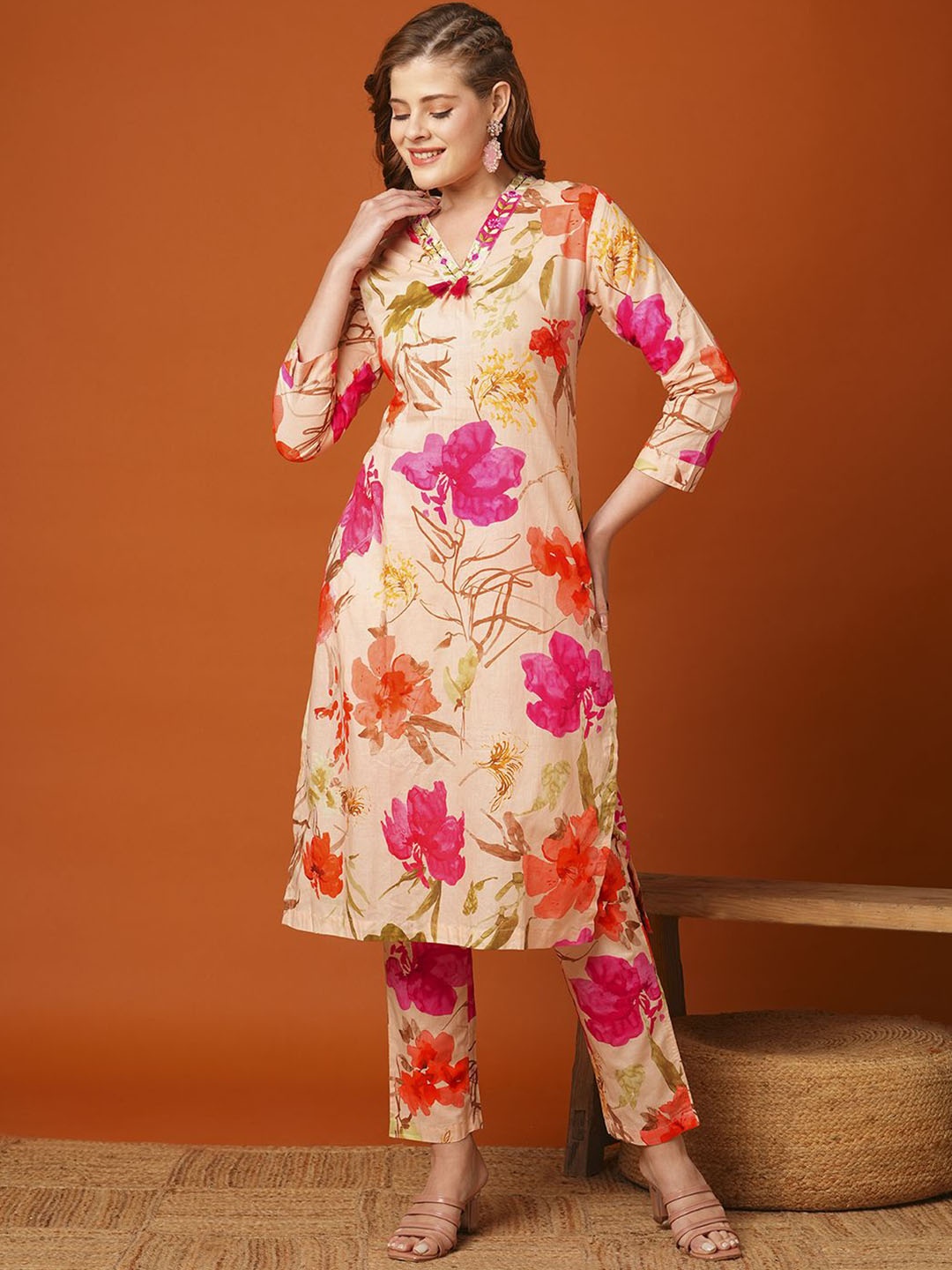 

FASHOR Floral Printed Straight Fit Tunic With Trouser, Cream