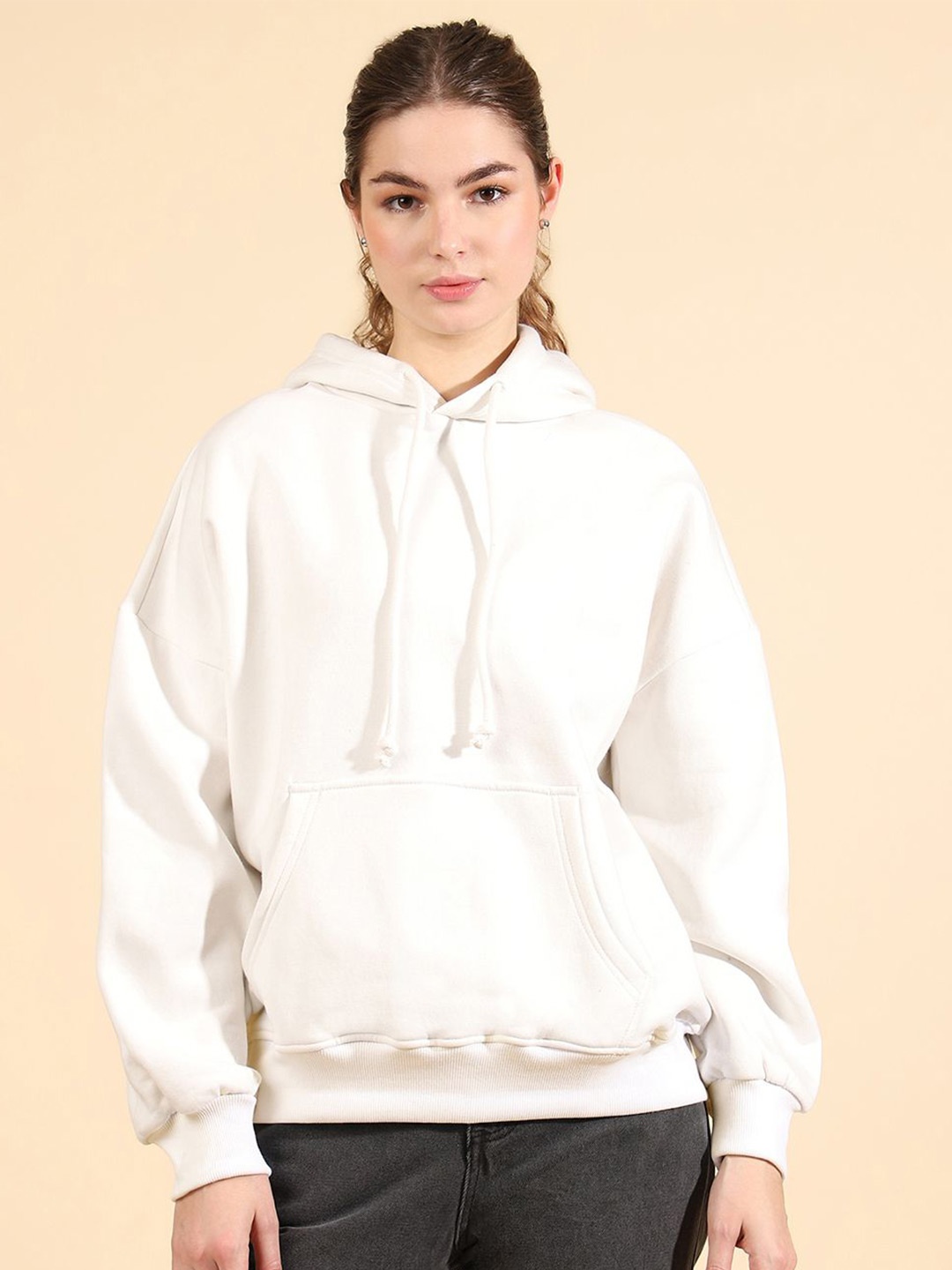 

UnaOne Women Solid Hooded Oversized Pure Cotton Sweatshirt, Off white