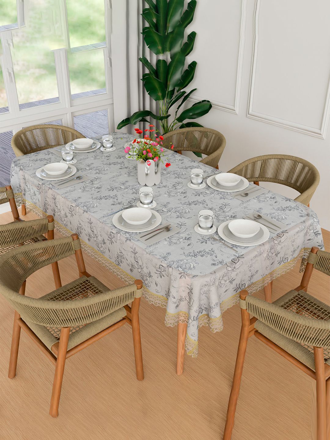 

Kuber Industries Transparent Floral Printed Waterproof 6-Seater Table Cover