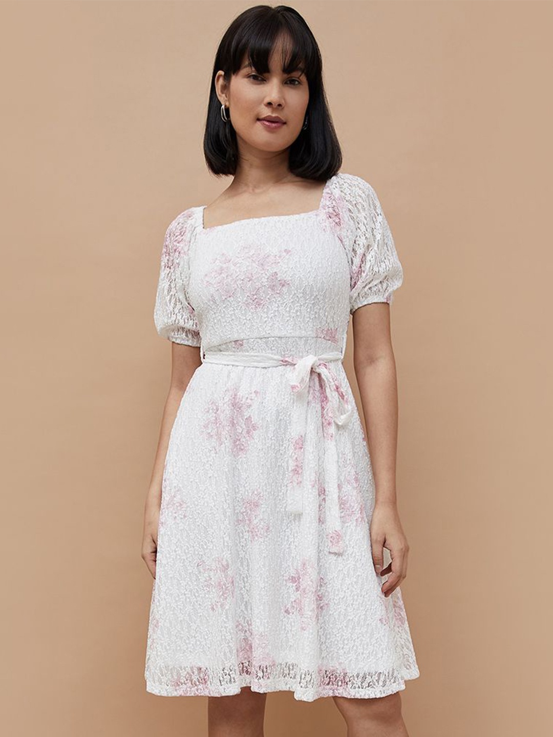 

CODE by Lifestyle Women Floral Printed Puff Sleeve Fit & Flare Dress, Off white