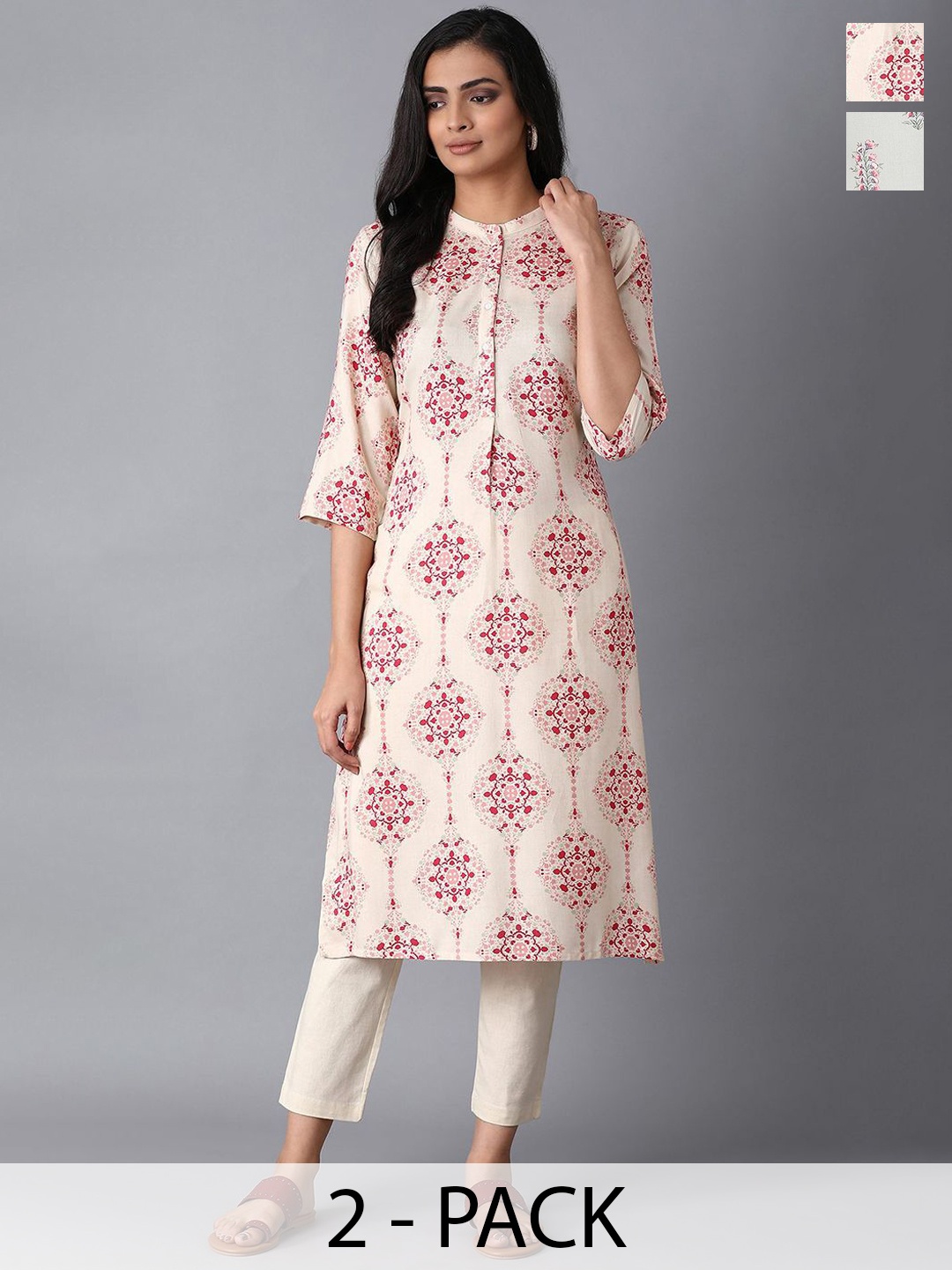 

W Selection of 2 Printed Mandarin Collar Straight Kurtas, Beige