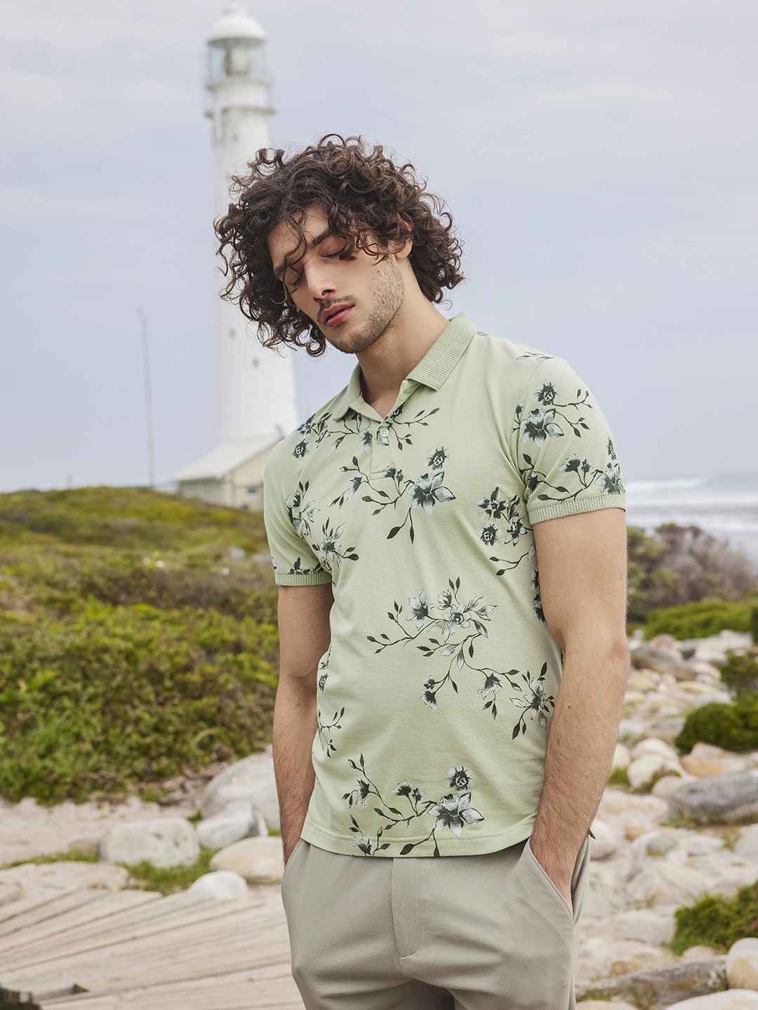 

Mufti Floral Printed Polo Collar Slim Fit T-shirt, Green