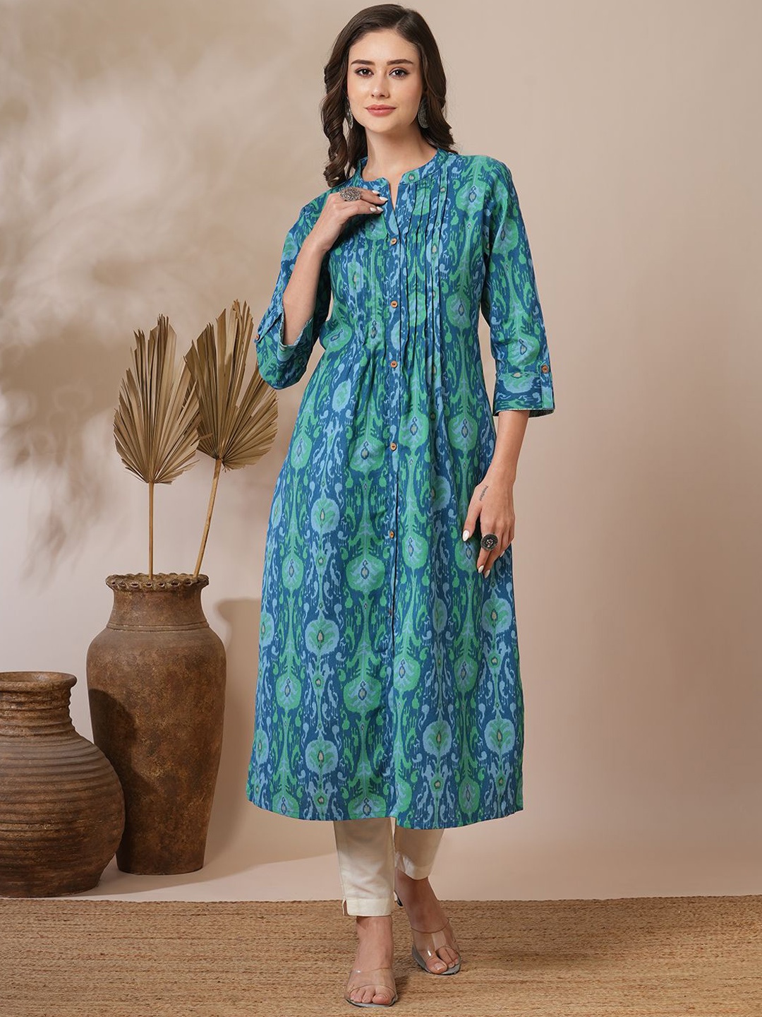 

FASHOR Floral Printed Mandarin Collar A-Line Cotton Kurta, Blue