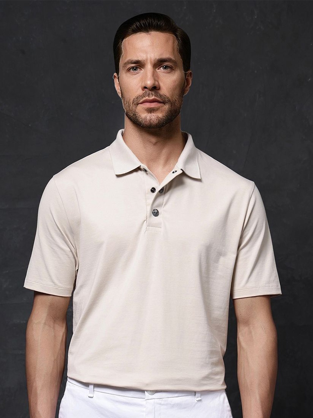 

RARE RABBIT Men Solid Polo Collar Cotton T-Shirt, Beige