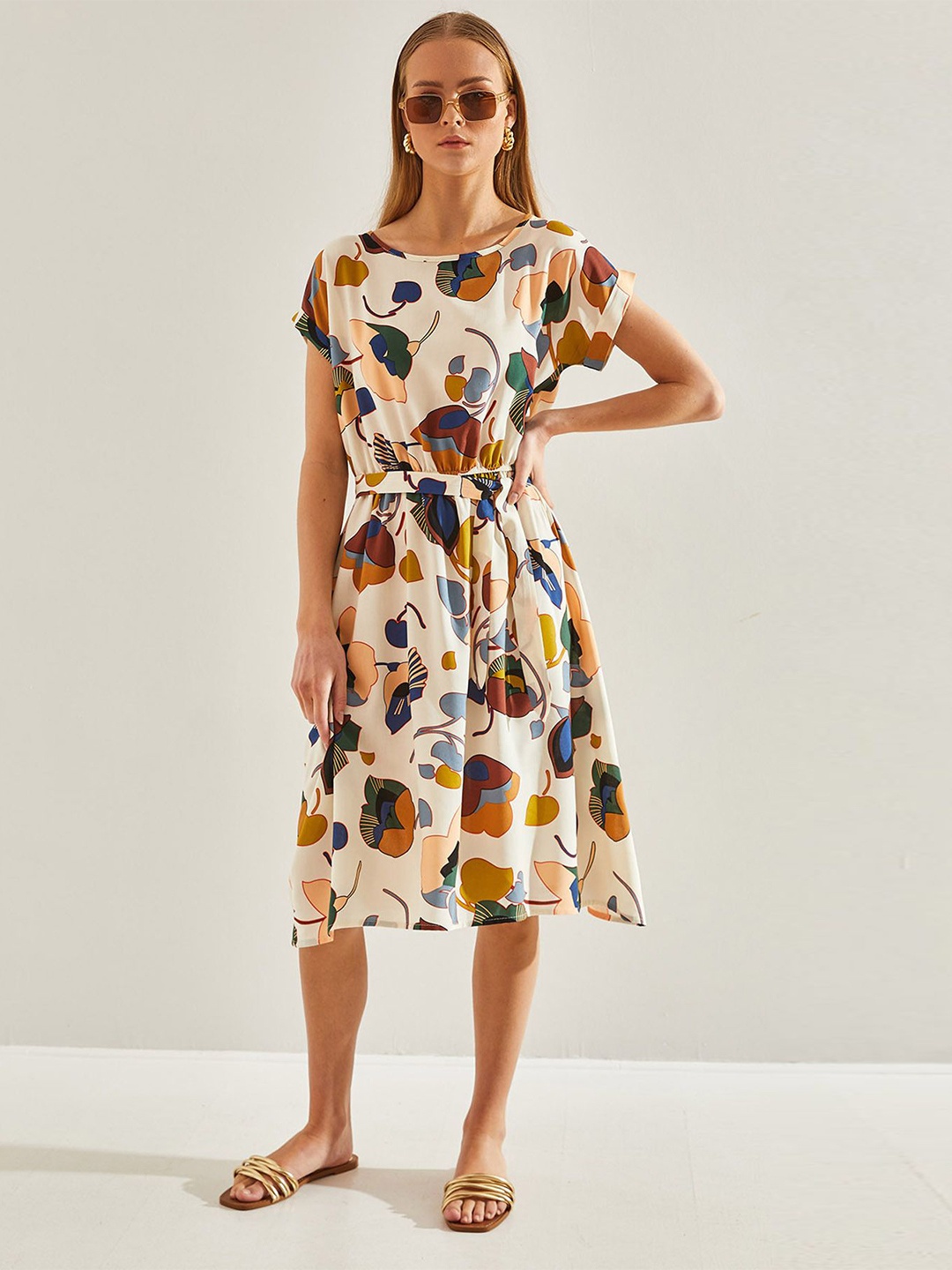 

BIANCO LUCCI Printed Fit & Flare Midi Dress, Off white