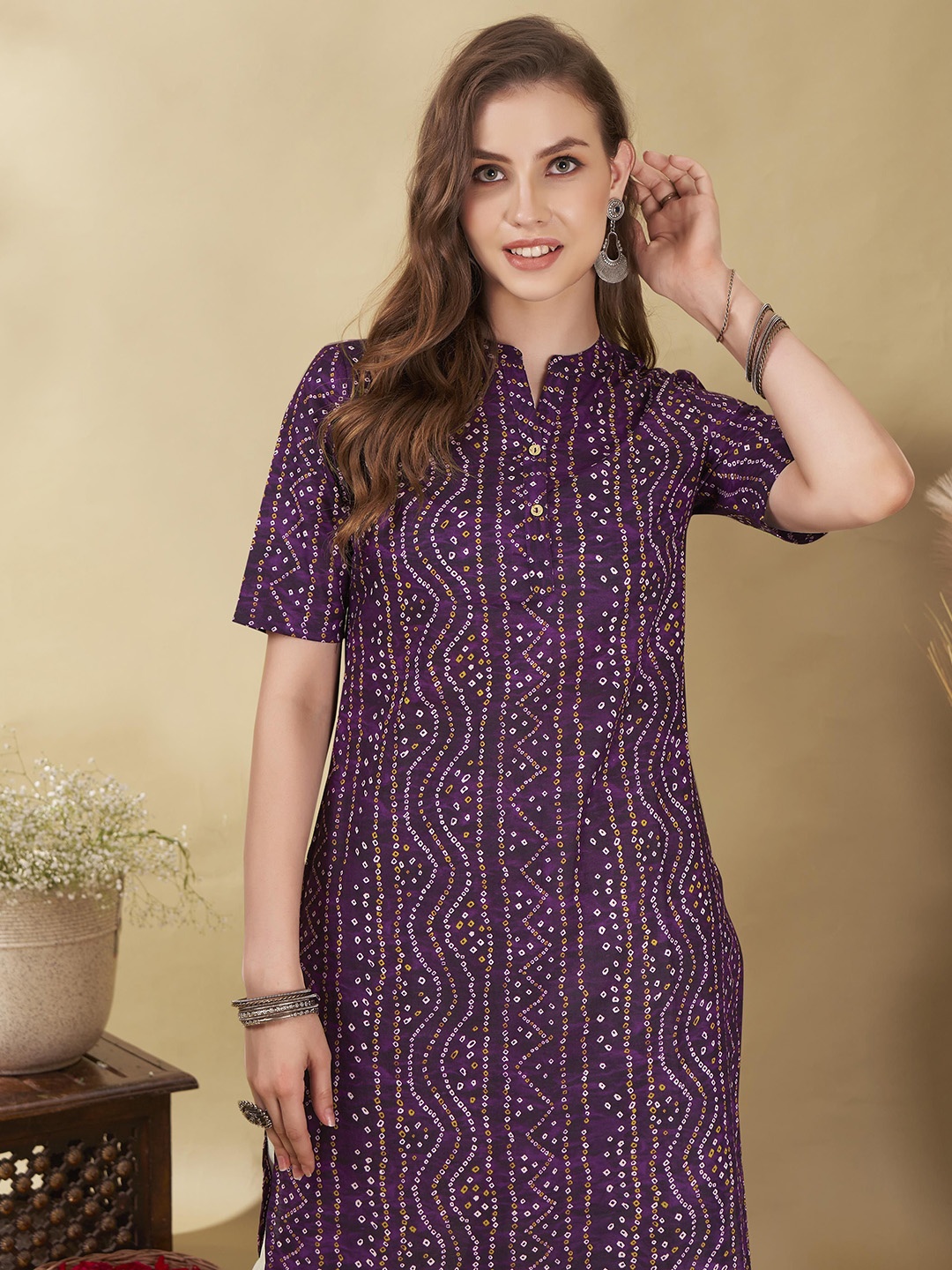 

Anouk Rustic Bandhani Printed Mandarin Collar Pure Cotton Straight Kurta, Purple