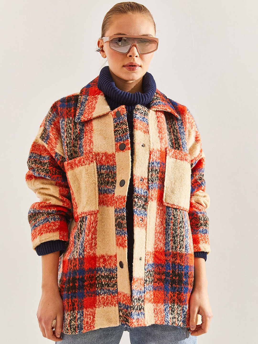 

BIANCO LUCCI Spread Collar Checked Peacoat, Orange