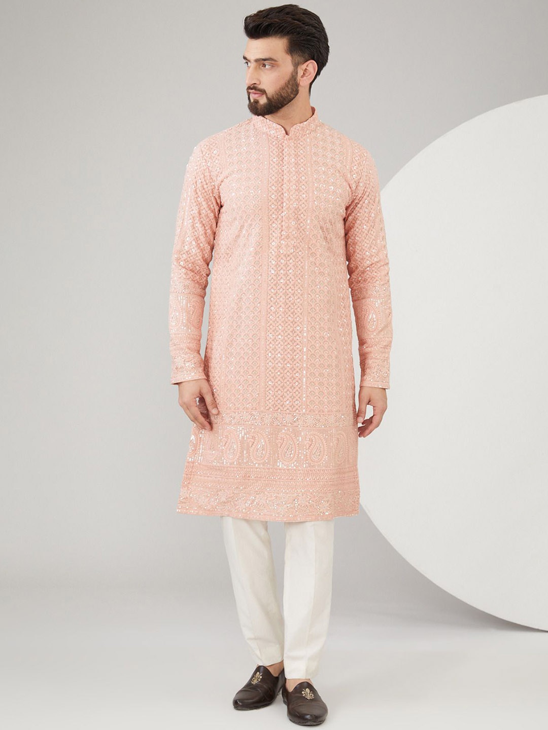 

KASBAH CLOTHING NISHCHAIY SAJDEH Embroidered Sequinned Georgette Straight Kurta, Peach