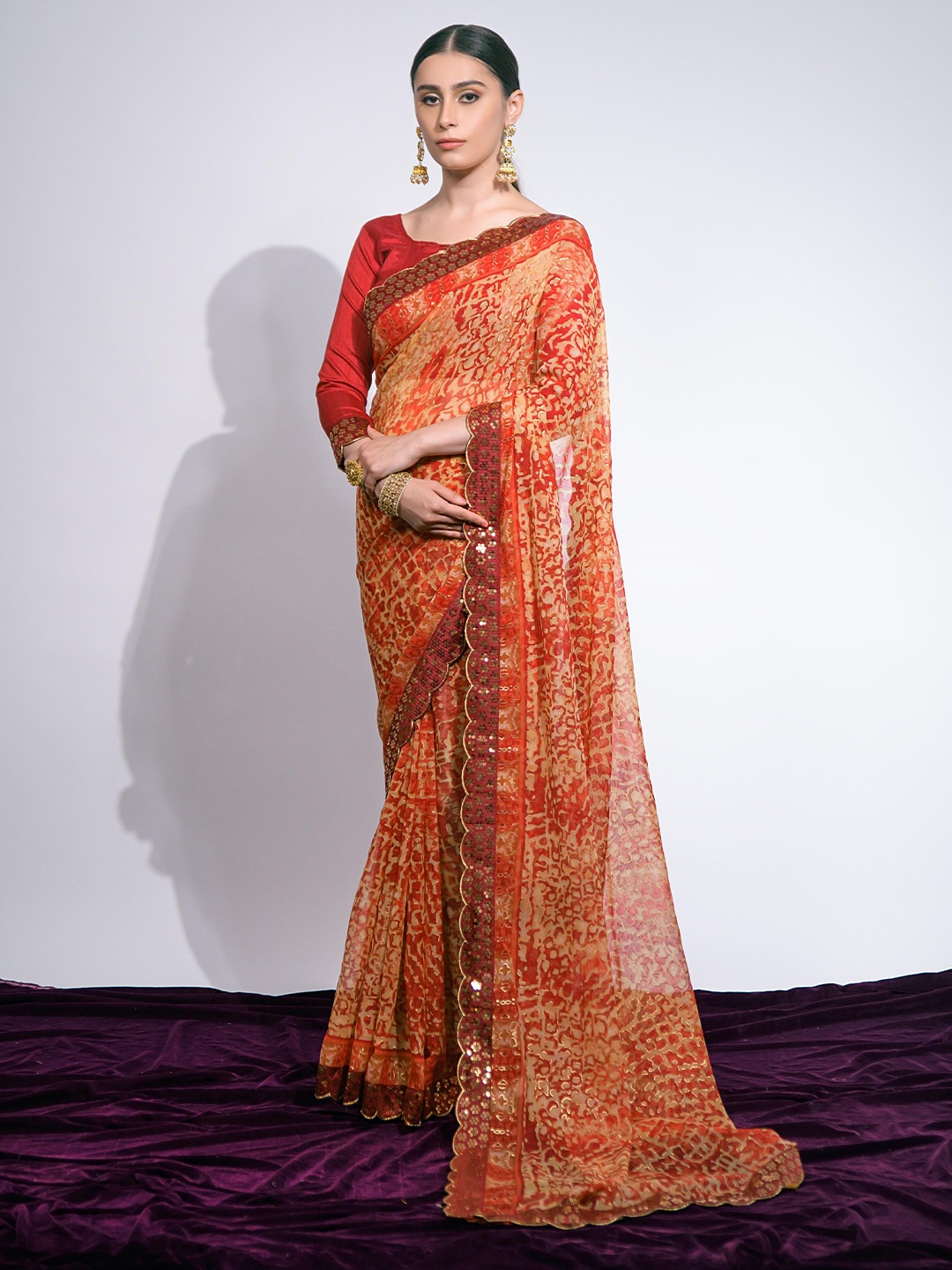 

Mitera Embellished Sequinned Pure Georgette Saree, Red