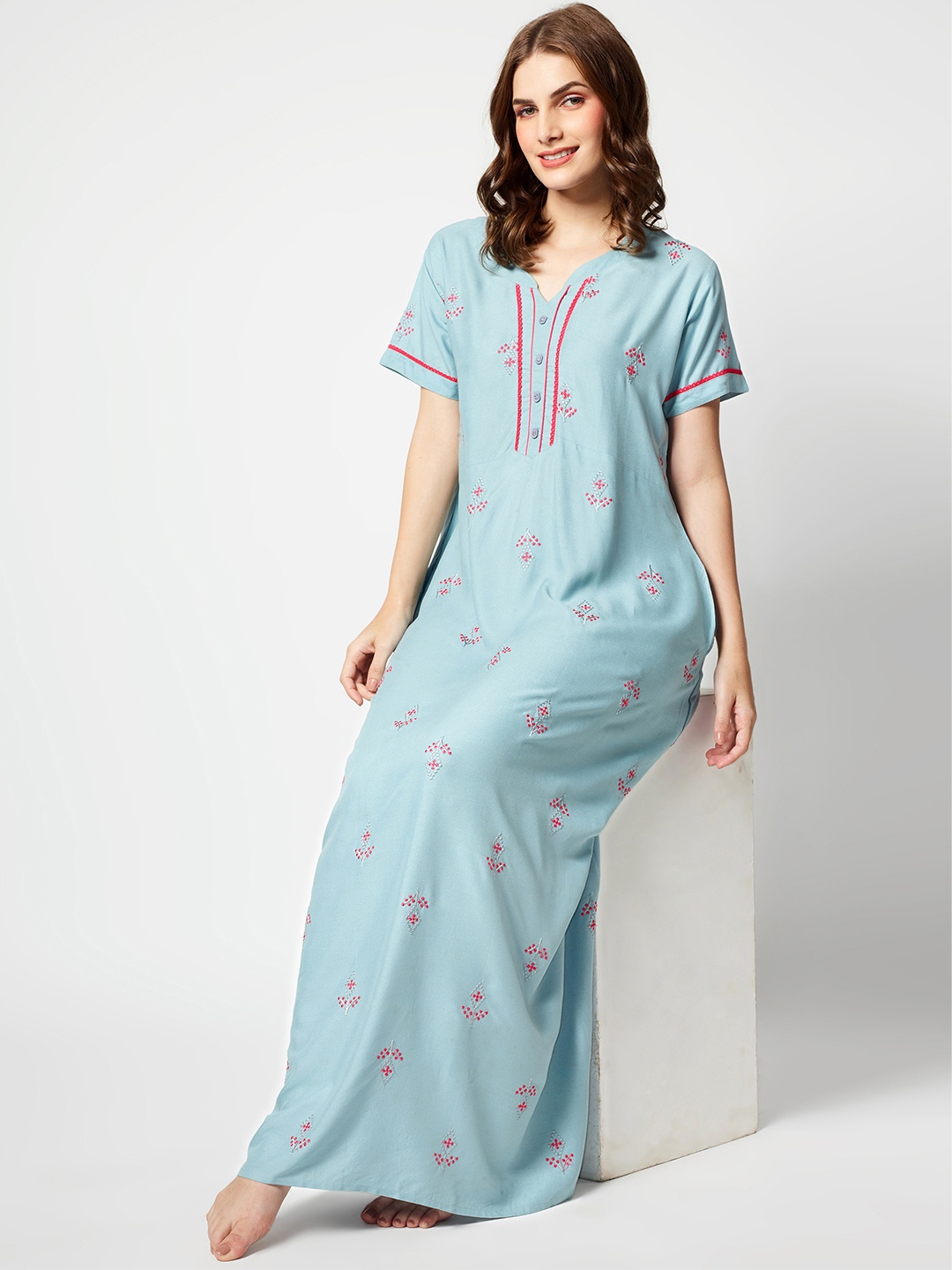 

Zeyo Ethnic Motifs Embroidered Maxi Nightdress, Blue