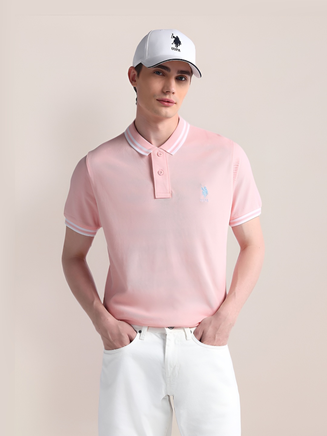 

U.S. Polo Assn. Men Solid Polo Collar Cotton Slim Fit T-Shirt, Pink