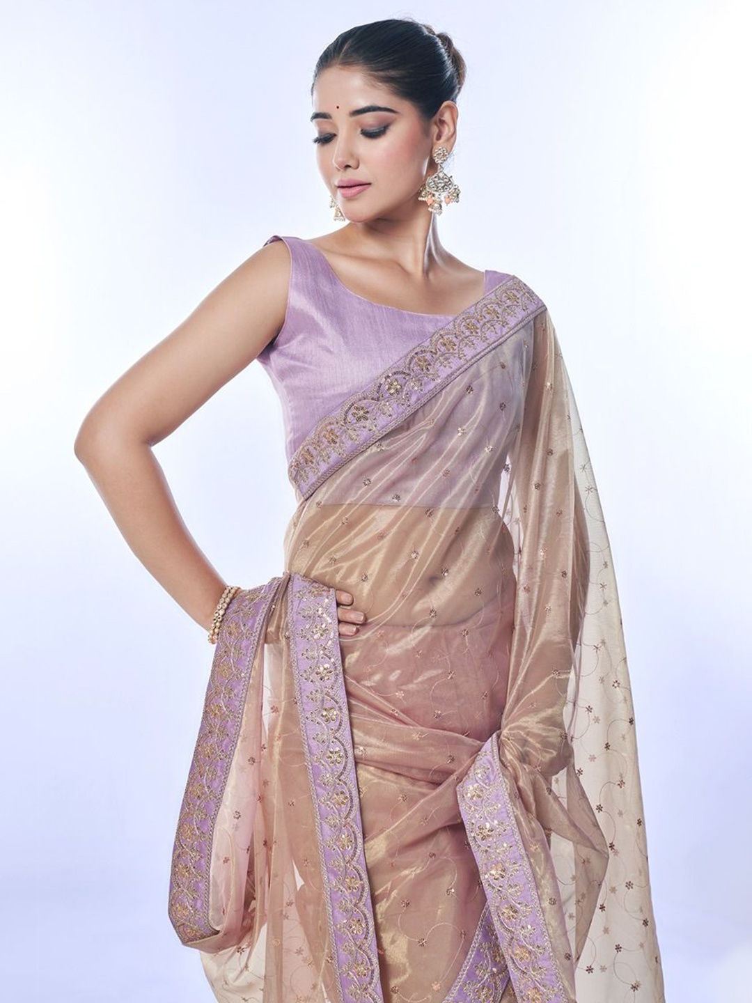 

Mitera Embellished Embroidered Net Saree, Gold