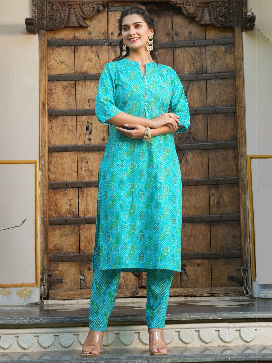 

Aramya Bandhani Printed Mandarin Collar Cotton Straight Kurta, Blue