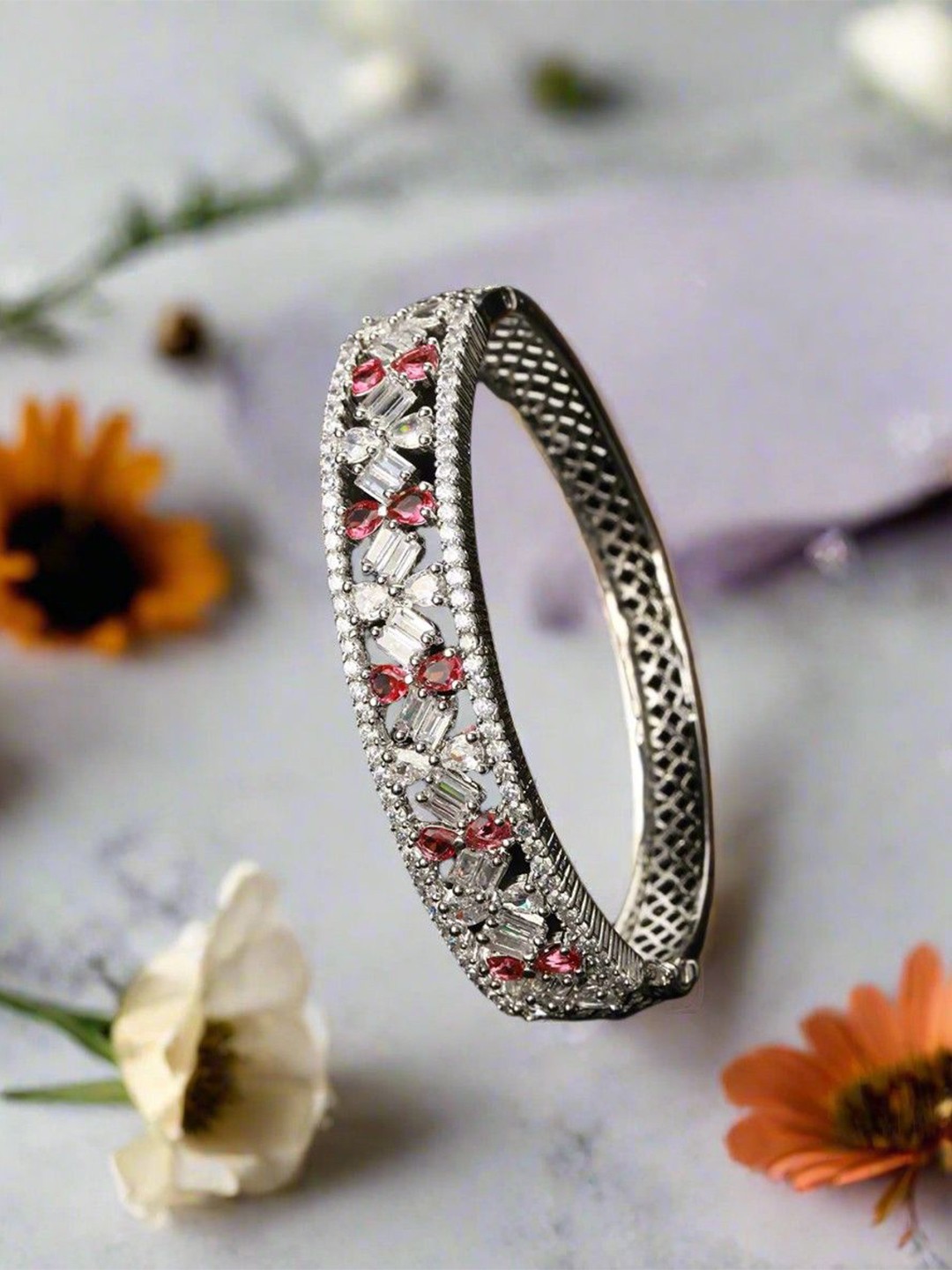 

Anouk Rhodium-Plated American Diamond Kada Bracelet, Silver