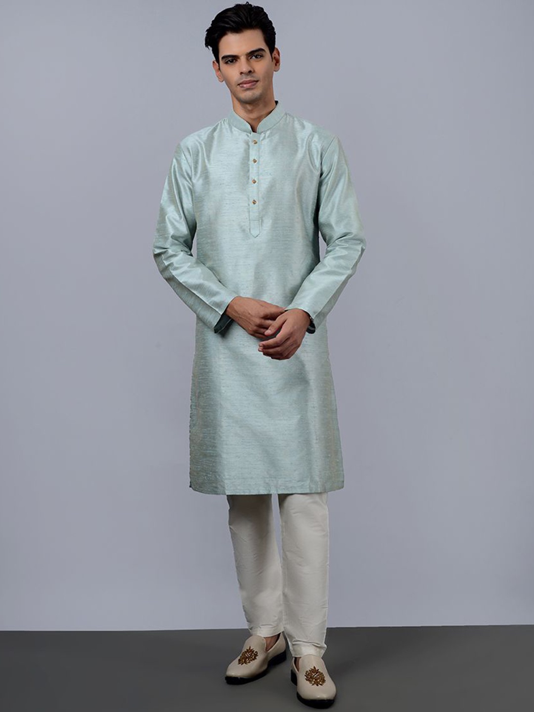 

azania Self Design Mandarin Collar Straight Kurta with Pyjamas, Green