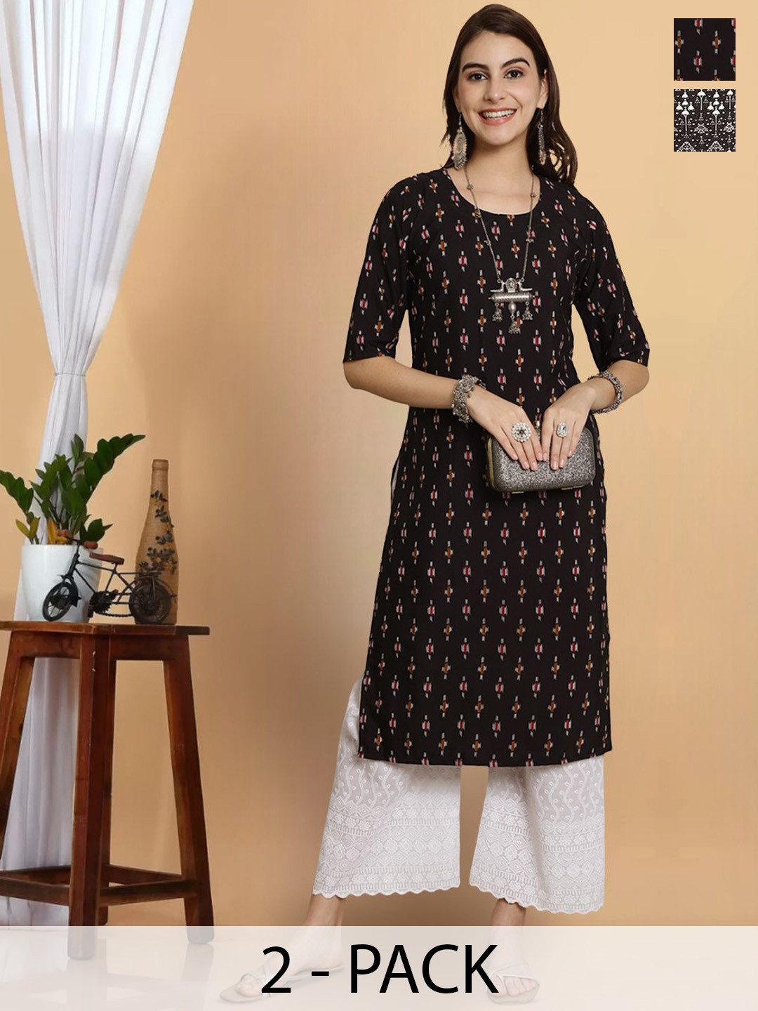 

7Threads Pack Of 2 Floral Printed Round Neck Short Sleeves Straight Kurta, Black