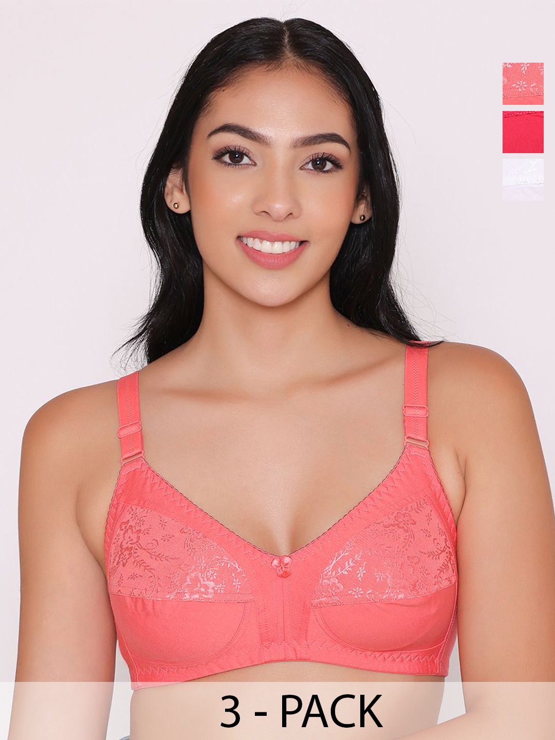 

INKURV Pack Of 3 Solid Full Coverage Non Padded Everyday Bra With All Day Comfort, White