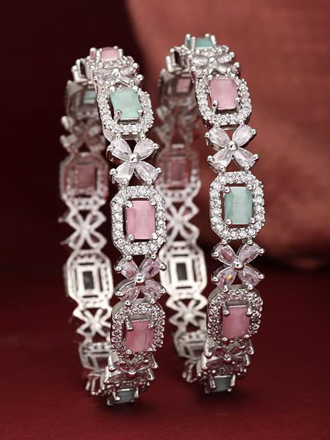

The Pari Set Of 2 Rhodium Plated American Diamond Stone Studded Bangles, Silver