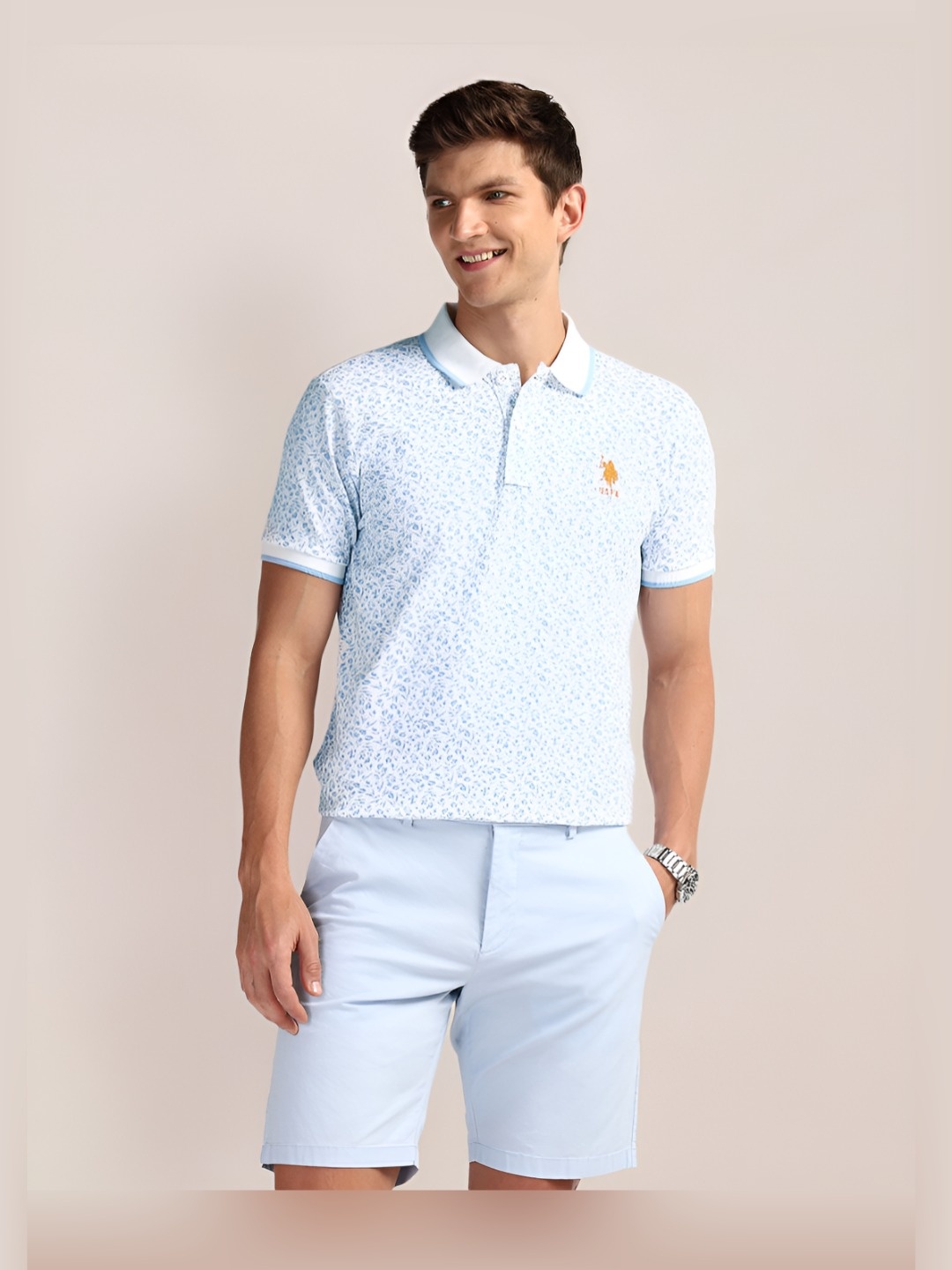 

U.S. Polo Assn. Men Floral Printed Polo Collar Cotton Slim Fit T-Shirt, White
