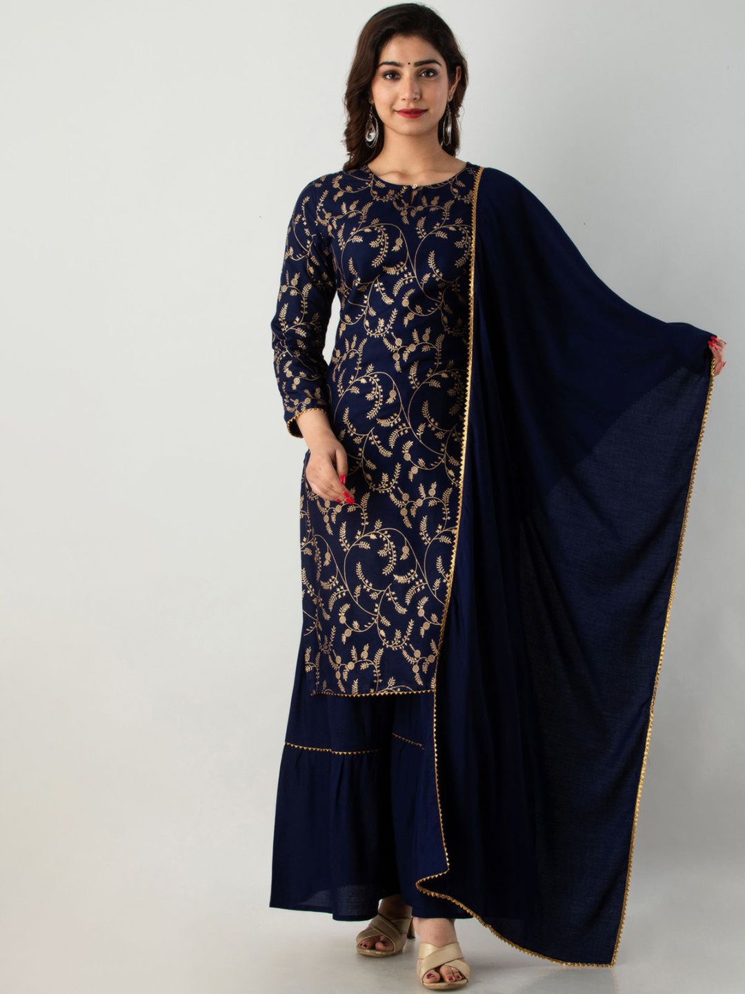 

JAYLEEN Floral Printed Keyhole Neck Regular Kurta With Sharara & Dupatta, Blue