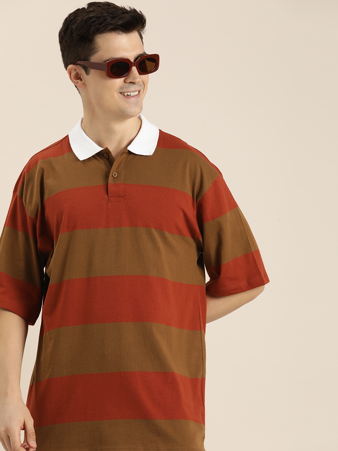 

HERE&NOW Striped Polo Collar Oversized T-shirt, Rust