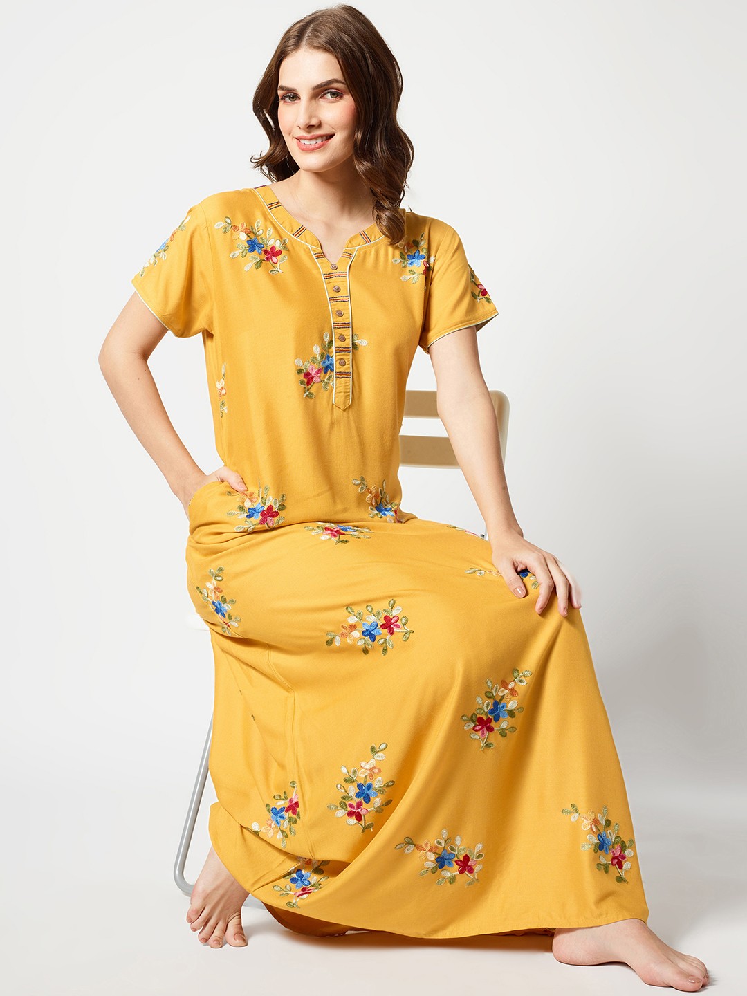 

Zeyo Floral Embroidered Maxi Nightdress, Yellow