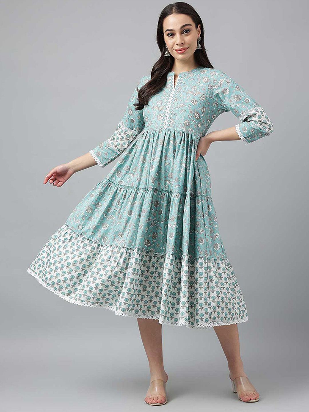 

ARAVALII Floral Embroidered Fit and Flare Midi Dress, Blue