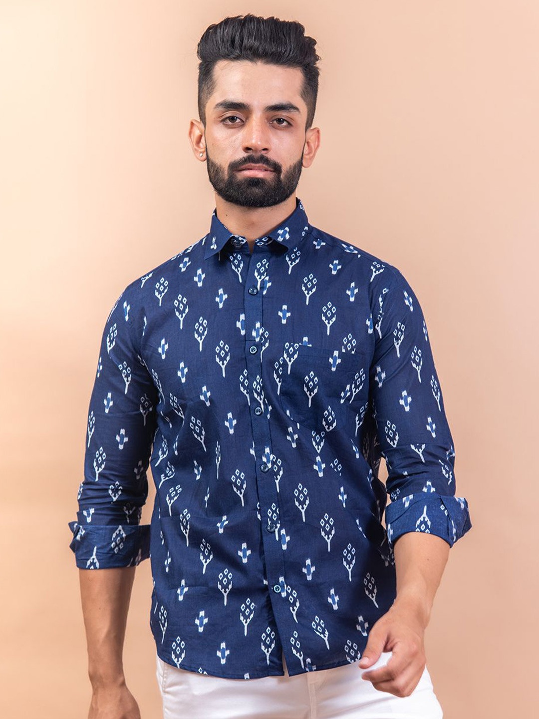 

Tistabene Men Standard Spread Collar Abstract Printed Cotton Casual Shirt, Navy blue