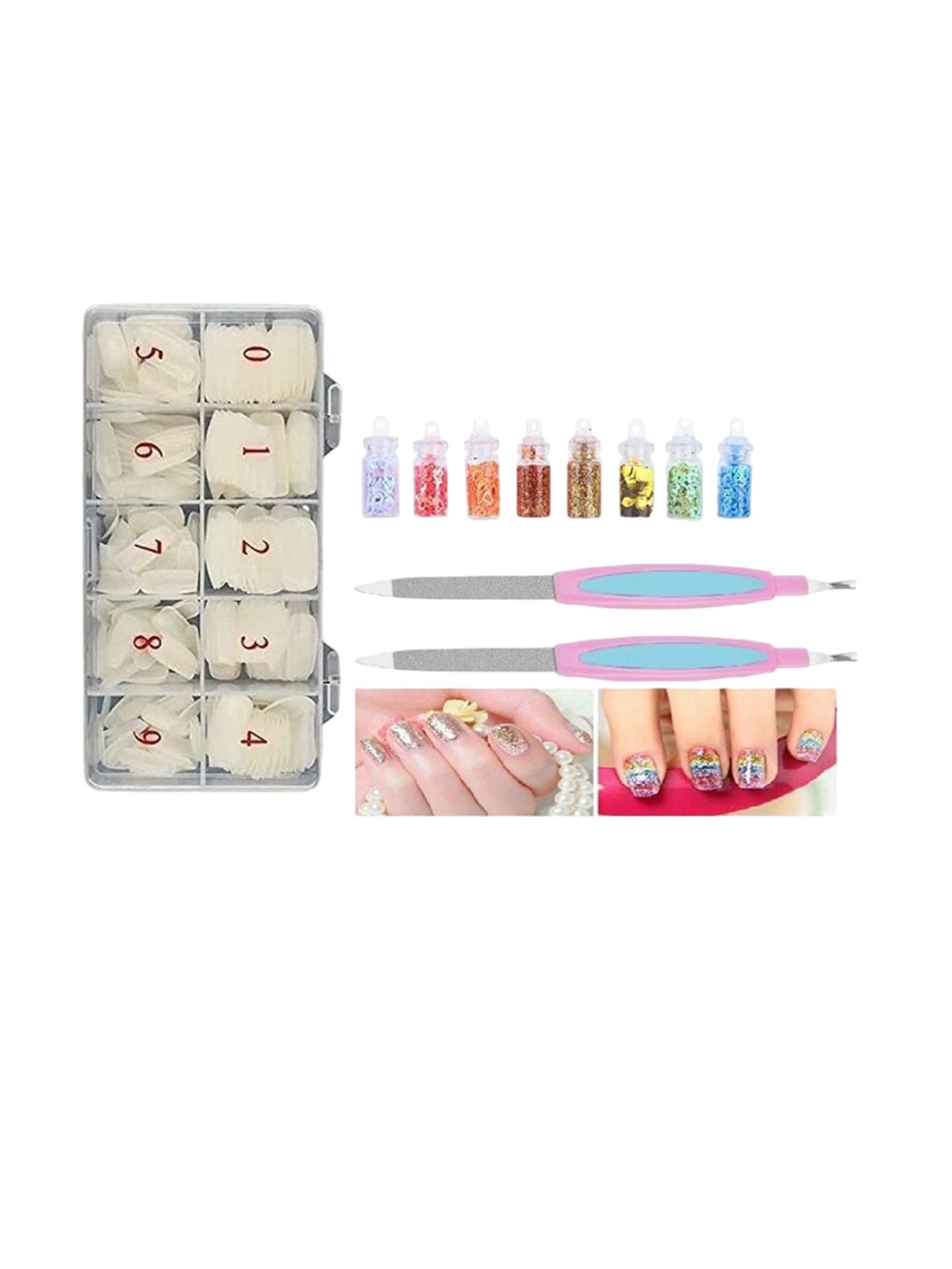 

zemglam 500 Pcs Easy To Clean Artificial Nails With 8 Glitter Bottle & 2 Nail Filler Kit, White