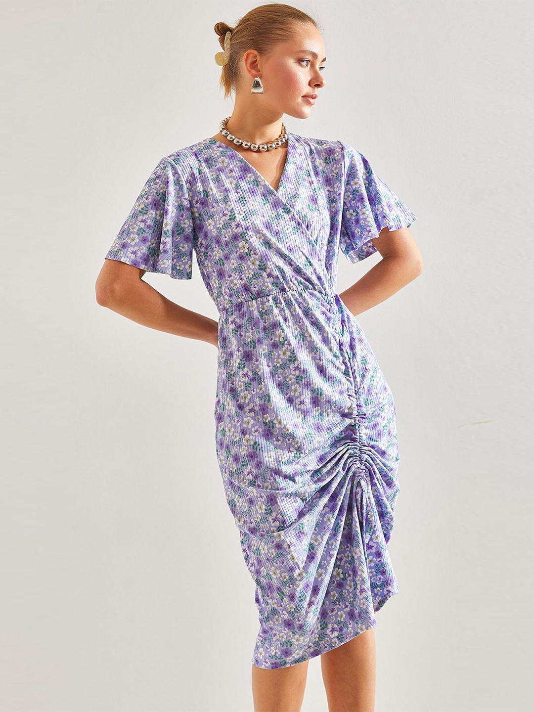 

BIANCO LUCCI Floral Printed Flared Sleeve Wrap Dress, Violet