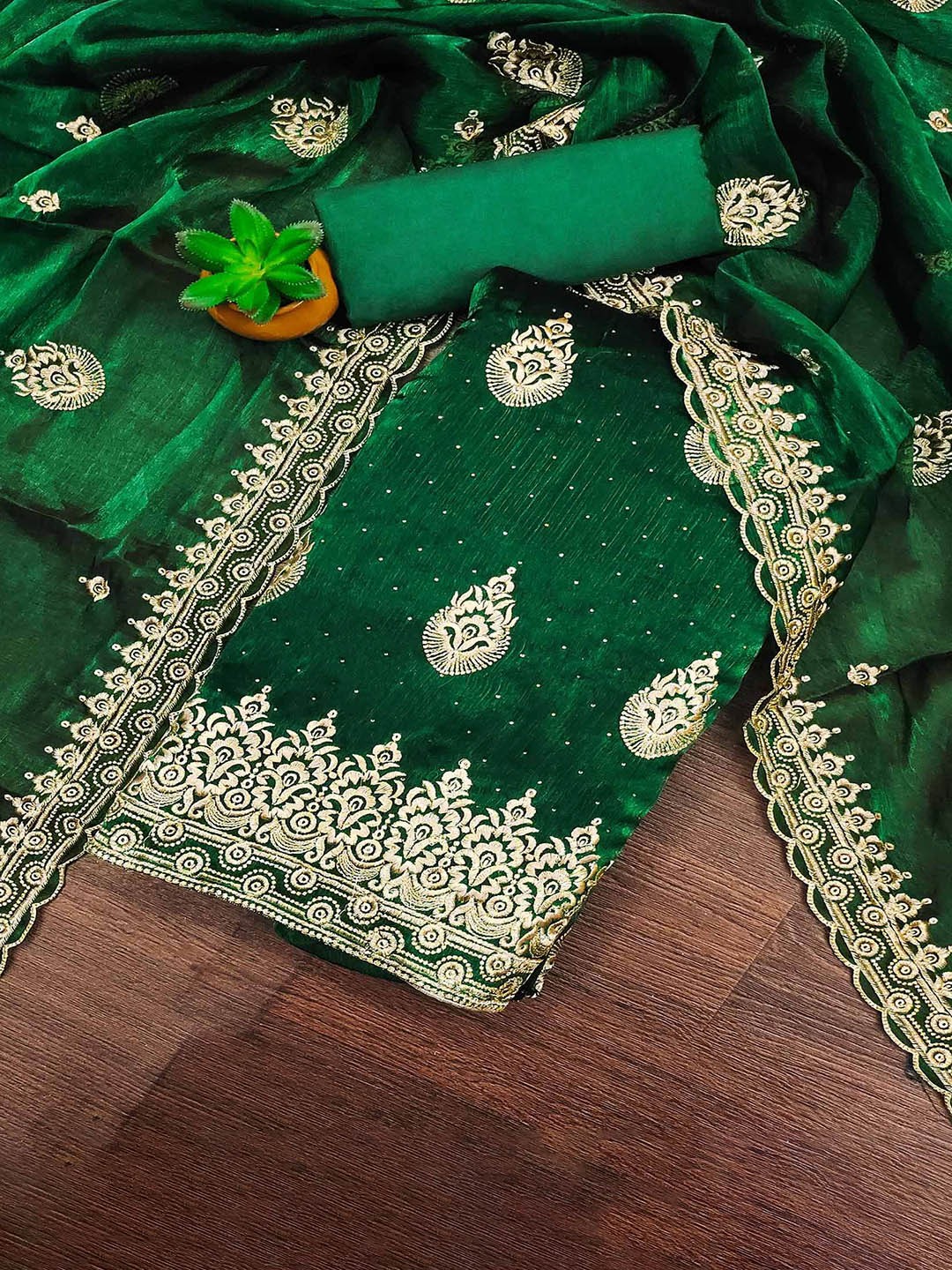 

Peachmode Floral Embroidered Beads and Stones Unstitched Dress Material, Green