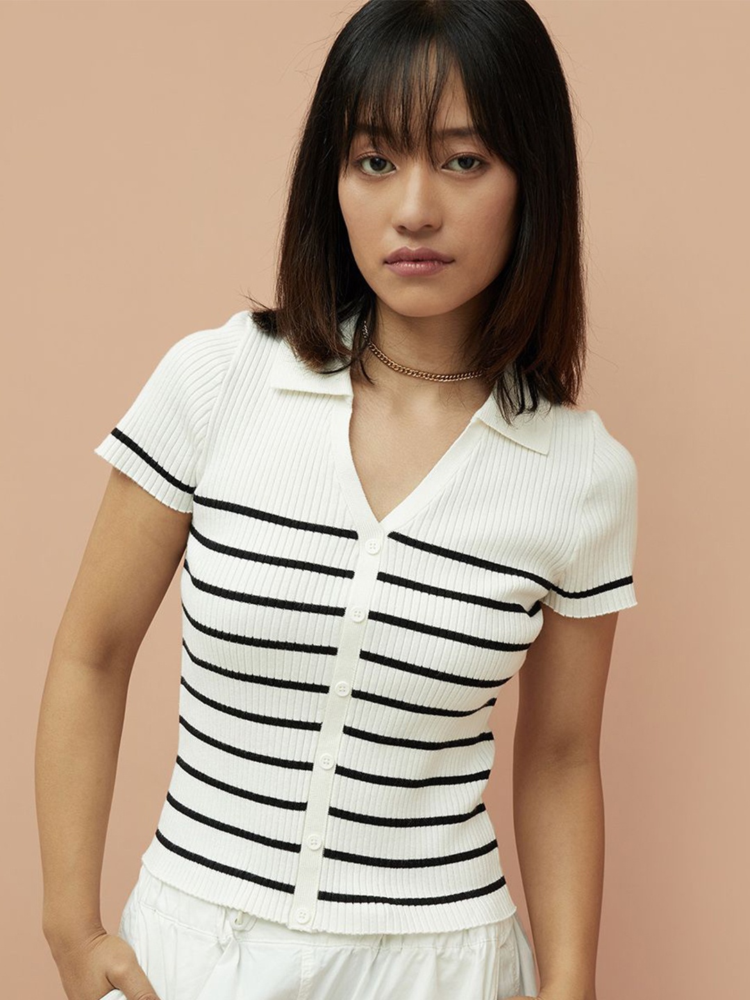 

Ginger by Lifestyle Striped Shirt Style Top, White