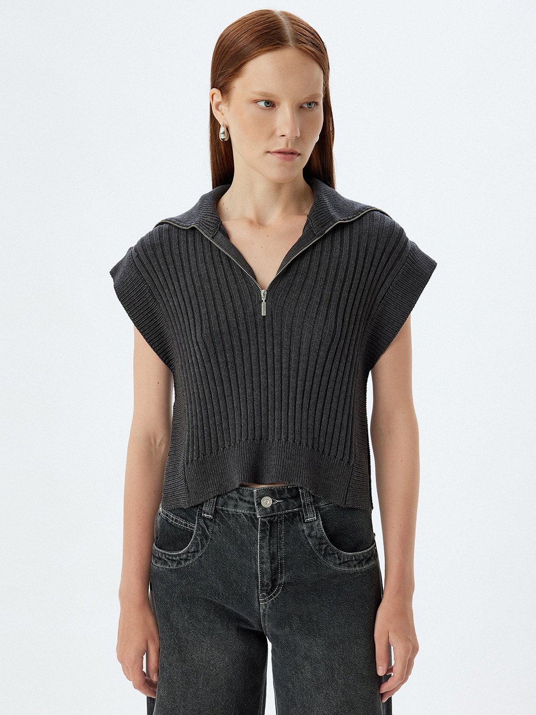 

Koton Ribbed Sleeveless Pullover Sweater, Grey
