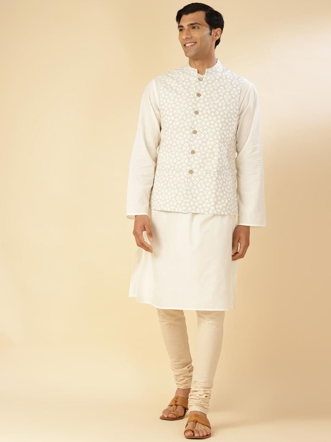 

Fabindia Thread Work Mandarin Collar Cotton Silk Straight Kurta With Nehru Jacket, White