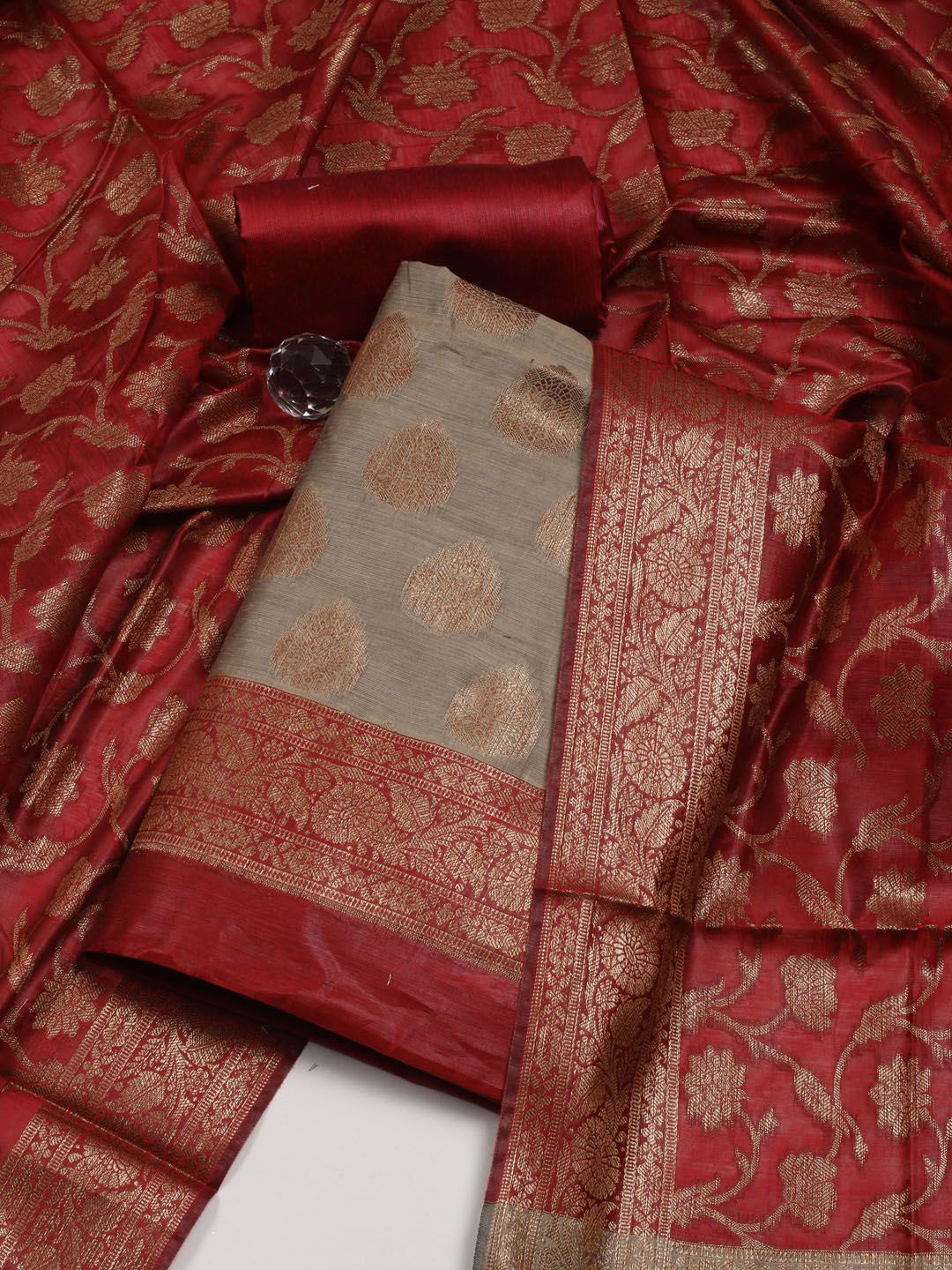 

Meena Bazaar Floral Woven Design Unstitched Dress Material, Beige