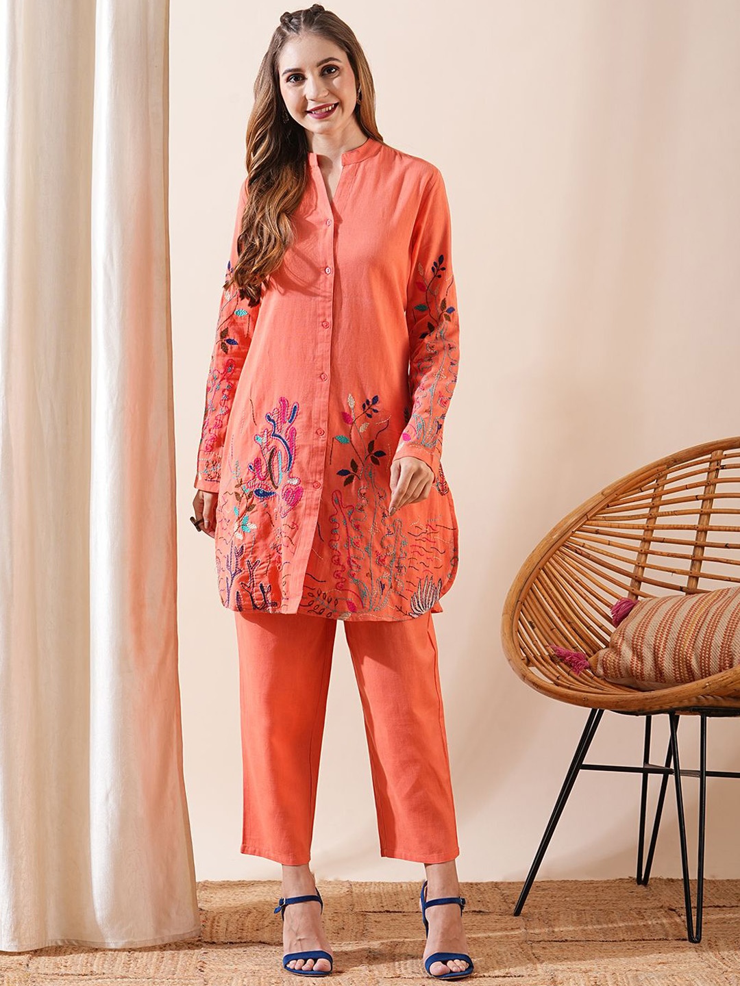 

FASHOR Floral Embroidered Shirt Collar Pure Cotton A-Line Tunic With Trouser, Orange