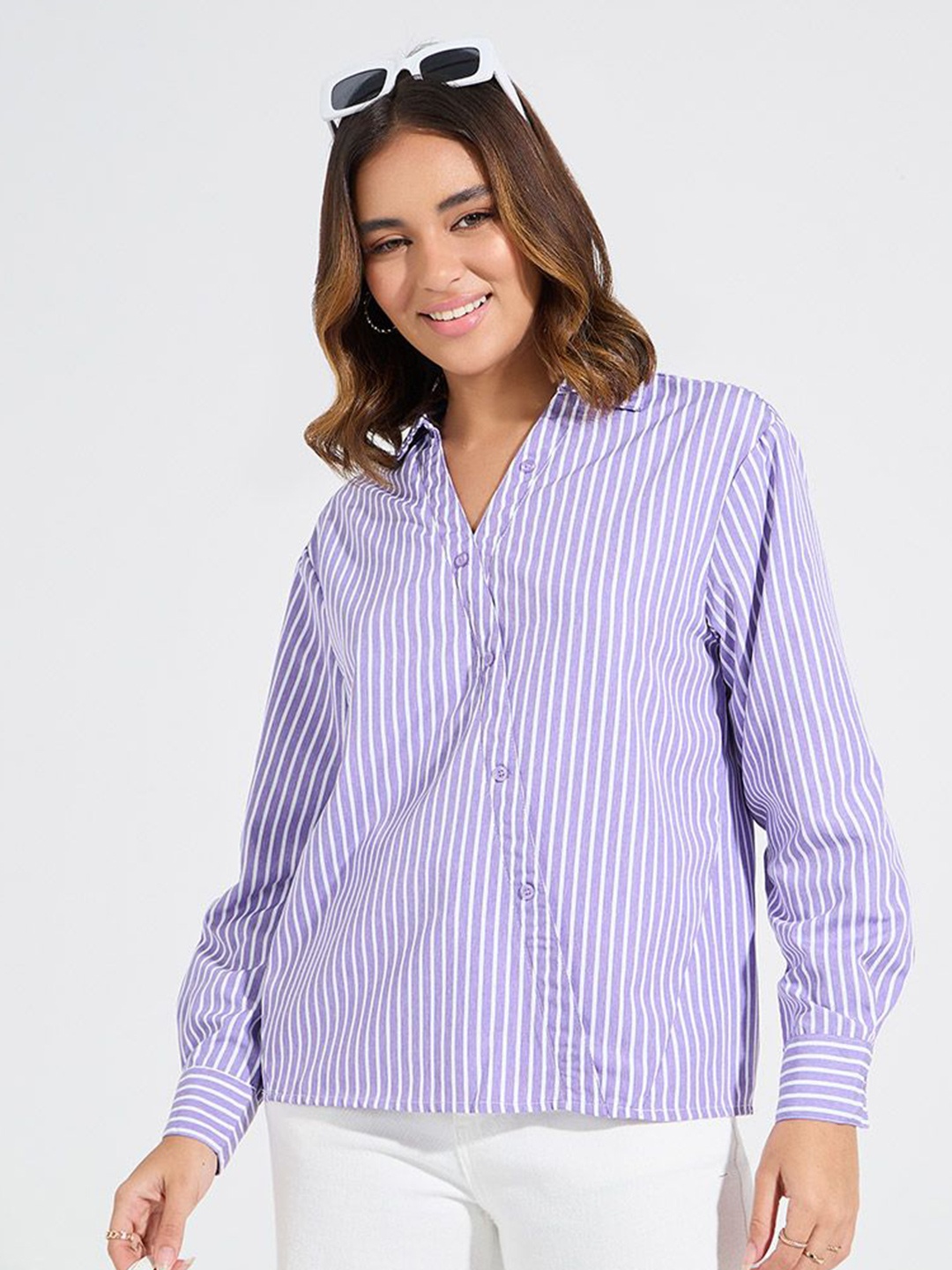 

Women Striped Oversized Shirt with Asymmetric Button, Lavender