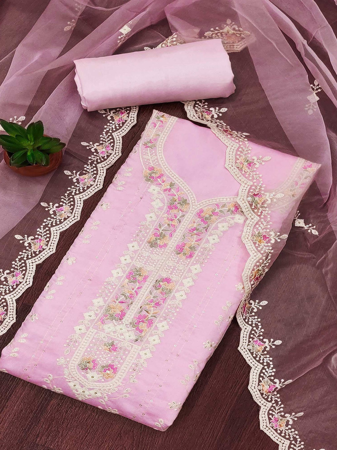 

Peachmode Thread Work Pure Cotton Unstitched Dress Material, Pink