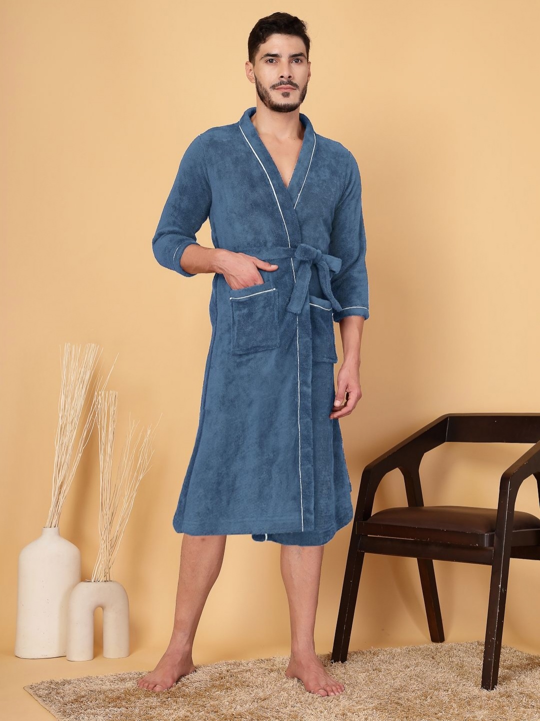 

Fabinaliv Men Solid Cotton Bath Robe with Belt and 2 Front Pockets, Blue