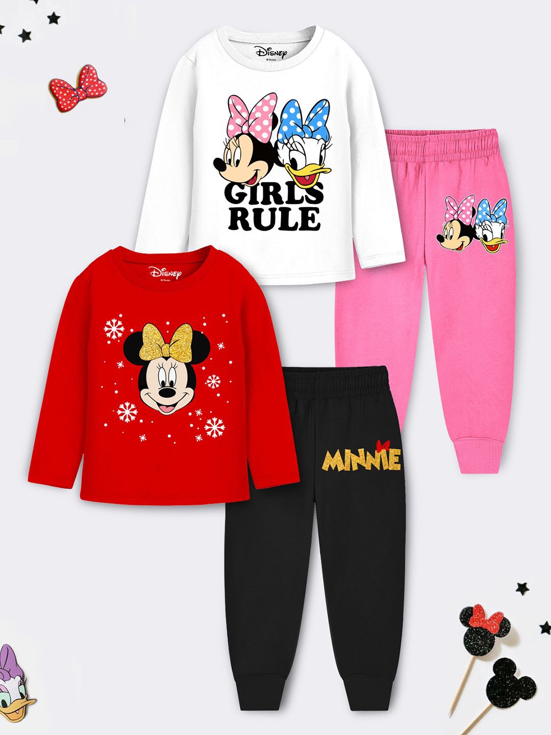 

YK Disney Girls Pack of 2 Mickey & Friends Graphic Printed T-shirt with Pyjamas, White