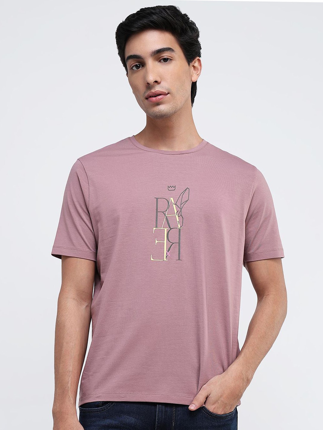 

RARE RABBIT Men Typography Printed Round Neck Cotton T-Shirt, Pink