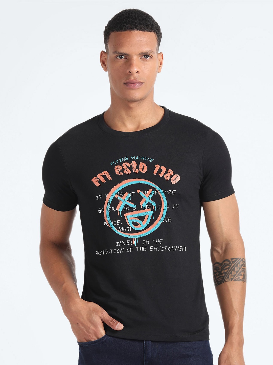 

Flying Machine Graphic Printed Slim Fit Cotton T-shirt, Black