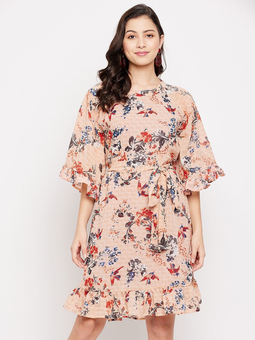 

Murcia Floral Print Flared Sleeve Georgette Fit & Flare Dress, Peach