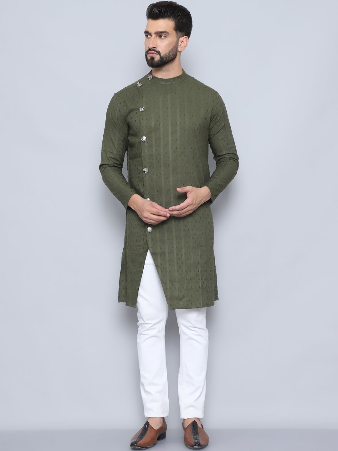 

even Geometric Woven Design Mandarin Collar Pure Cotton Straight Kurta, Green